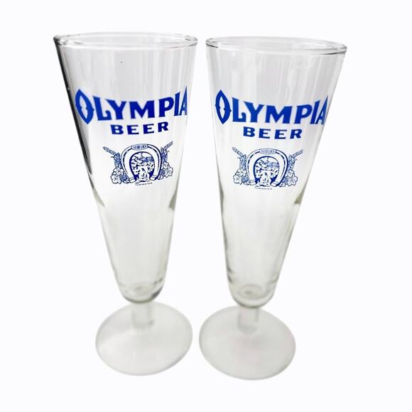 Olympia Beer Lot 2 Clear Pilsner Glasses Blue Letters Good Luck Tumwater 8.25 In - Picture 1 of 9